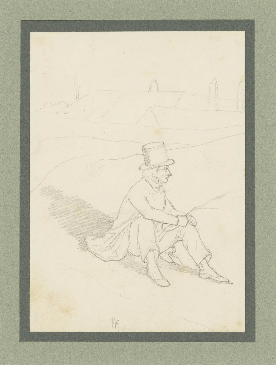 Zittende jonge man met hoge hoed op, aan de rand van een stad by Wilhelm Koller, drawing, 1844-1854