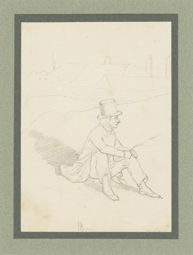Zittende jonge man met hoge hoed op, aan de rand van een stad by Wilhelm Koller, drawing, 1844-1854
