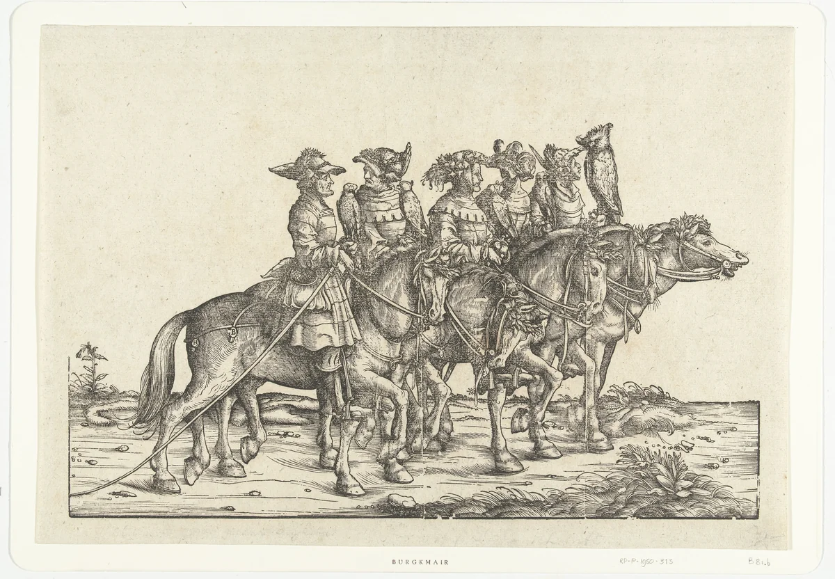 Vijf valkeniers te paard by Unknown, print, 1483-1526
