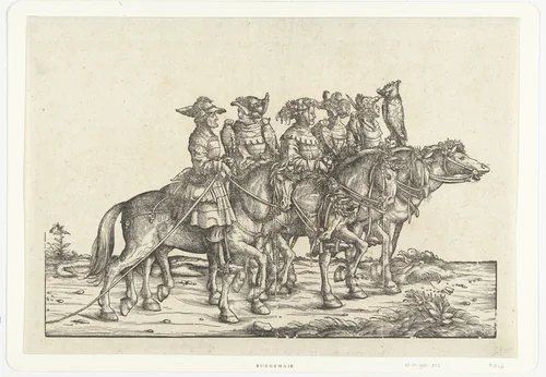 Vijf valkeniers te paard by Unknown, print, 1483-1526