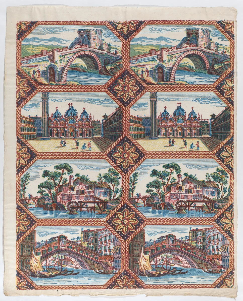 Sheet with two borders with Venetian landscapes by anonymous, print, 1775-1875