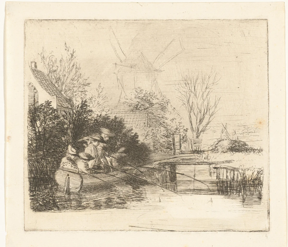 Hengelaars bij een rivier by Louis Bernard Coclers, print, 1756-1817