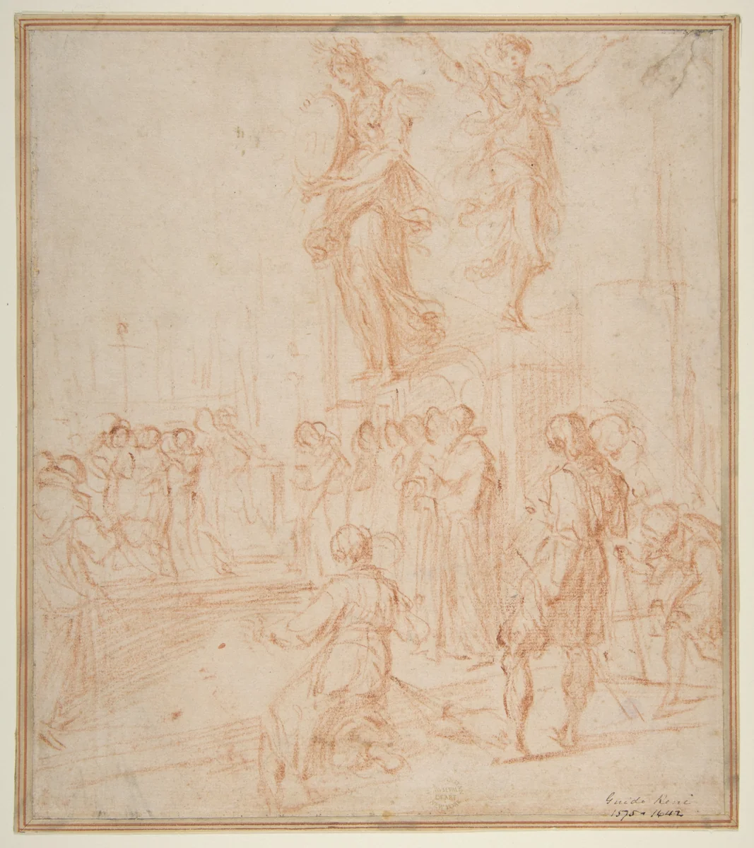Figure Studies: Woman holding a Shield, a Dancing Female, and a Priest Supported at an Altar before a Group of Onlookers by Bernardino Poccetti, drawing, 1612