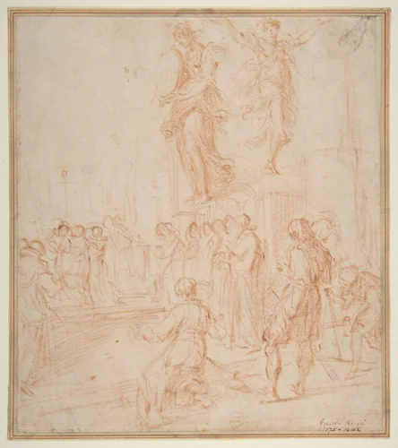 Figure Studies: Woman holding a Shield, a Dancing Female, and a Priest Supported at an Altar before a Group of Onlookers by Bernardino Poccetti, drawing, 1612