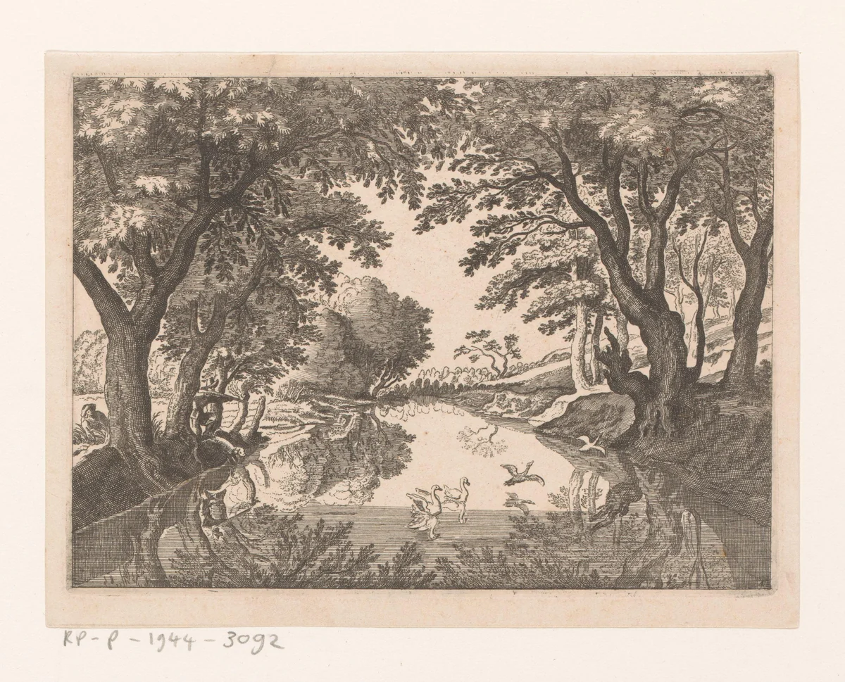 Riviergezicht met zwanenjacht bij Huningue by anonymous, print, 1628-1679