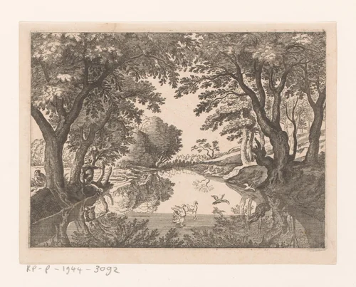 Riviergezicht met zwanenjacht bij Huningue by anonymous, print, 1628-1679