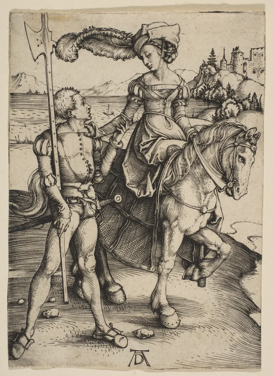 The Lady on Horseback and the Lansquenet by Albrecht Dürer, print, 1497