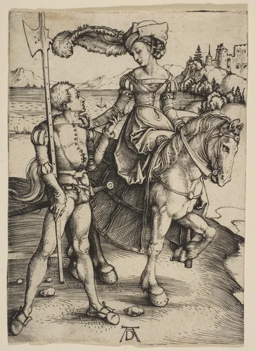 The Lady on Horseback and the Lansquenet by Albrecht Dürer, print, 1497