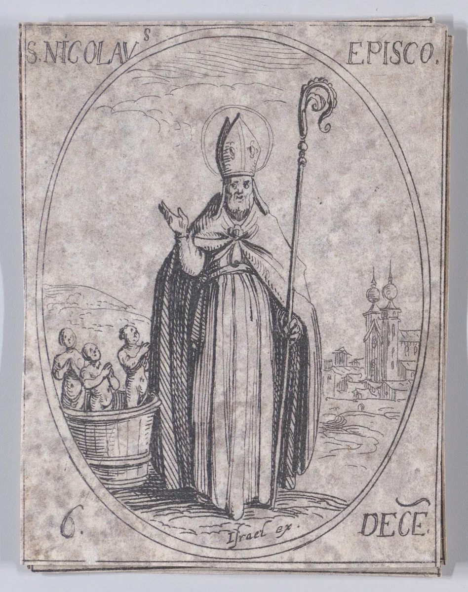 S. Nicolas, évêque (St. Nicholas, Bishop), December 6th, from "Les Images De Tous Les Saincts et Saintes de L'Année" (Images of All of the Saints and Religious Events of the Year) by Jacques Callot, print, 1636