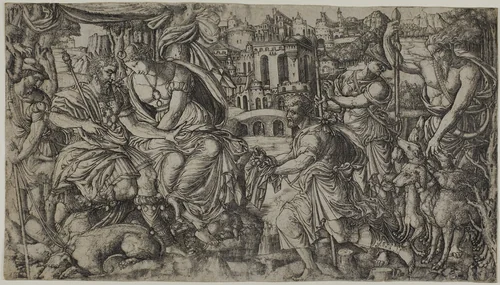 A King Receiving a Present by Jean Duvet, print, 1505-1570