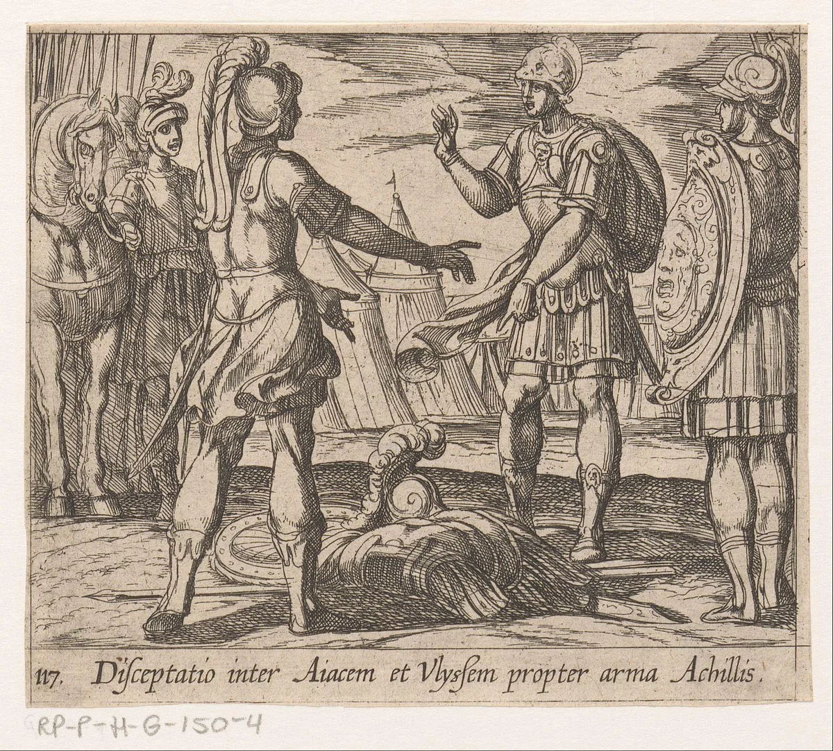 Ajax en Odysseus twisten om de wapens van Achilles by Antonio Tempesta, print, 1606-1638