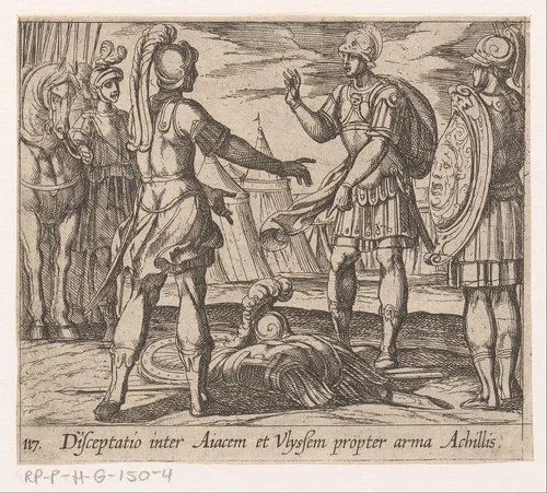 Ajax en Odysseus twisten om de wapens van Achilles by Antonio Tempesta, print, 1606-1638