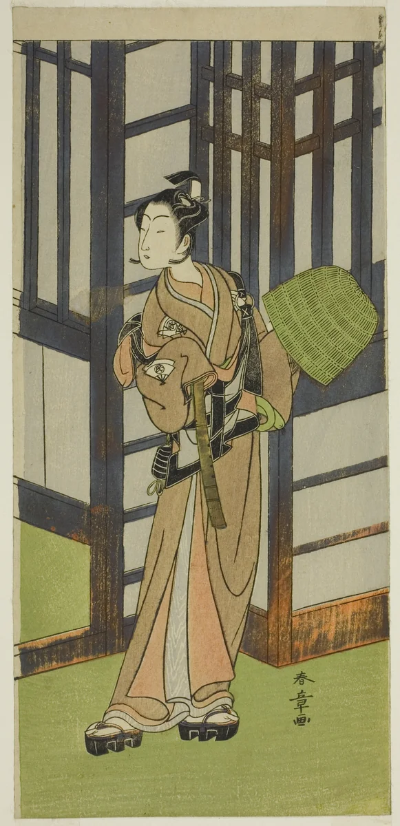The Actor Onoe Tamizo I as Kewaizaka no Shosho Disguised as a Komuso in the Play Furisode Kisaragi Soga, Performed at the Ichimura Theater in the Second Month, 1772 by Katsukawa Shunsho (勝川 春章), print, 1767-1777