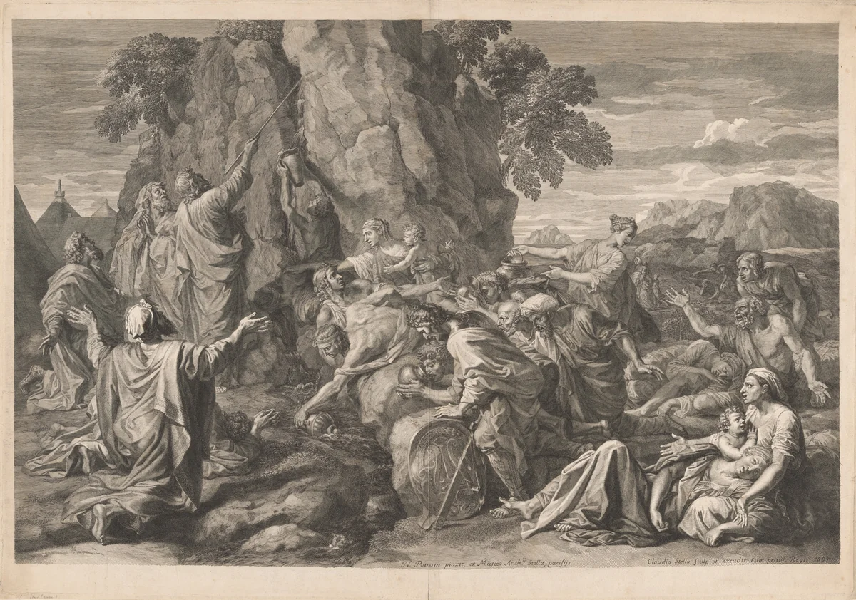 Moses Striking the Rock by Claudine Bouzonnet-Stella; Nicolas Poussin, print, 1687