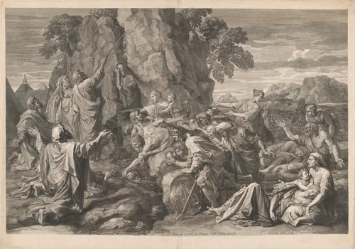 Moses Striking the Rock by Claudine Bouzonnet-Stella; Nicolas Poussin, print, 1687