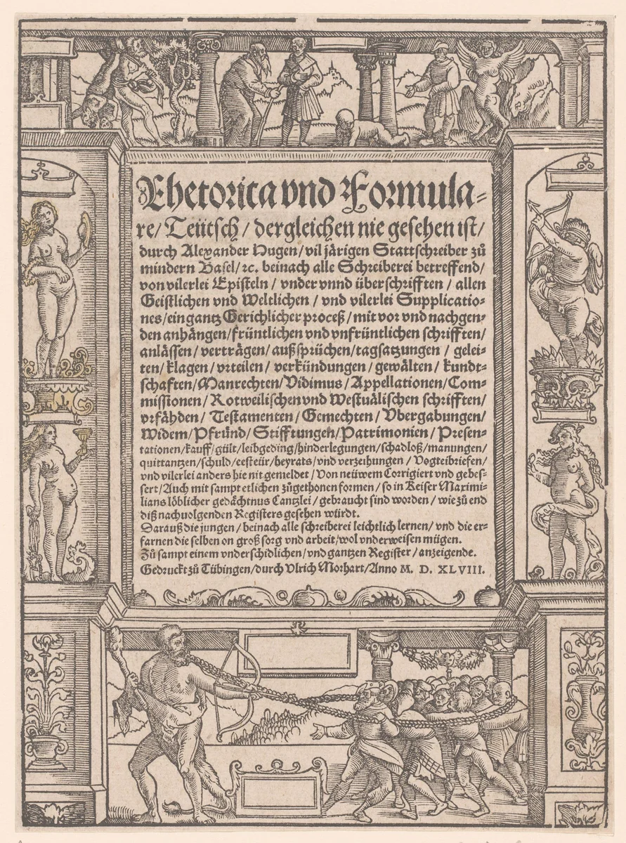 Architecturale omlijsting met allegorische scènes by anonymous, print, 1548