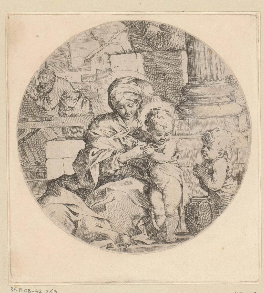 Heilige Familie met Johannes de Doper by Sébastien Bourdon, print, 1626-1671