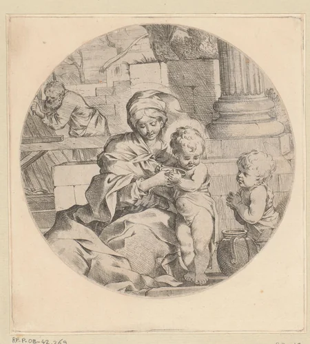 Heilige Familie met Johannes de Doper by Sébastien Bourdon, print, 1626-1671