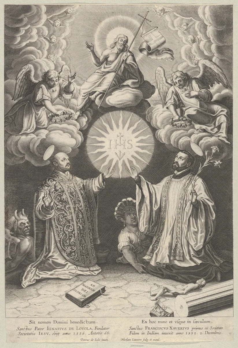 Christ, Ignatius of Loyola and Francis Xavier by Pieter de Jode, print, 1600-1699