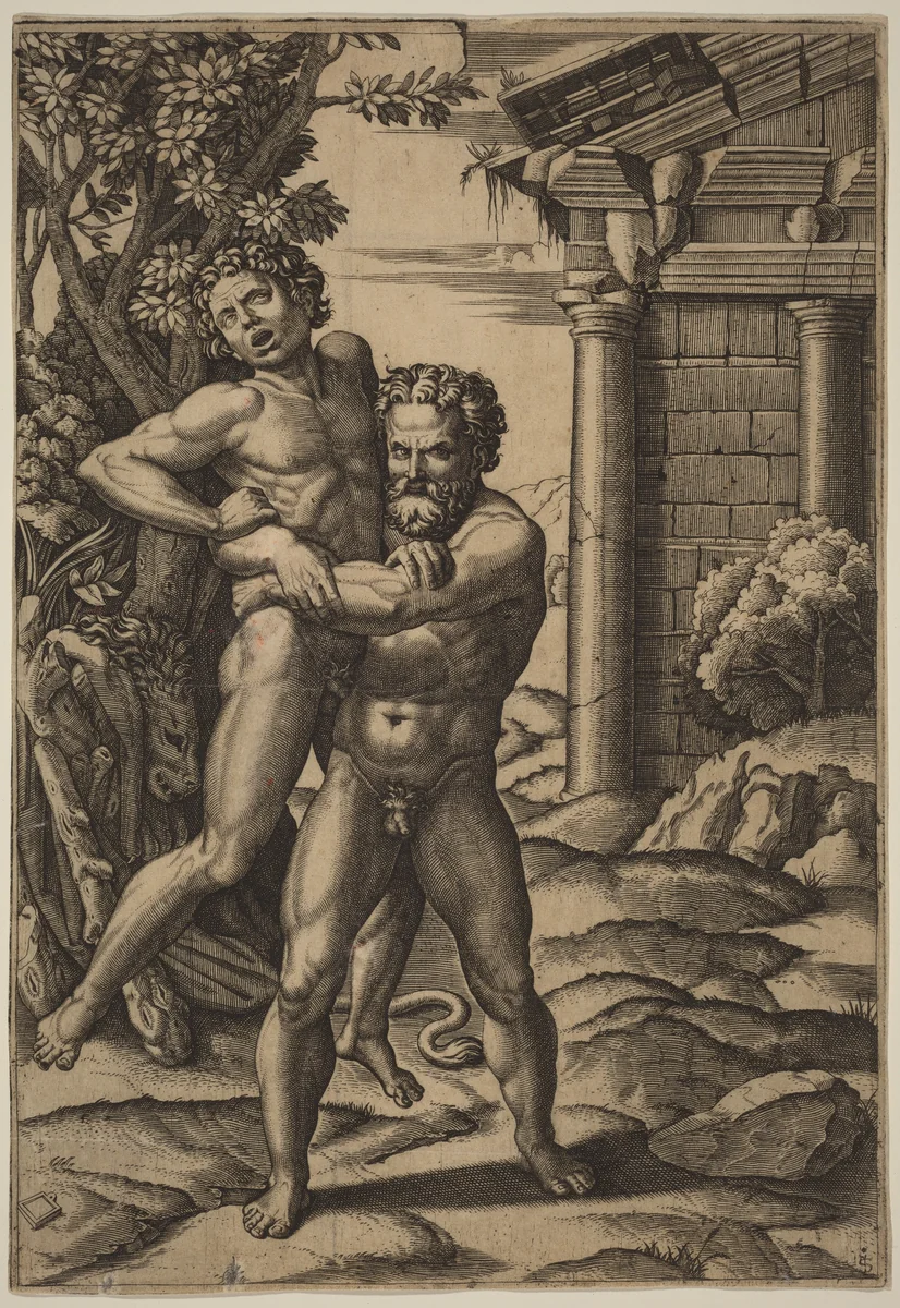 Hercules and Antaeus by Marcantonio Raimondi, print, 1515-1525