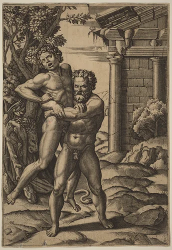 Hercules and Antaeus by Marcantonio Raimondi, print, 1515-1525