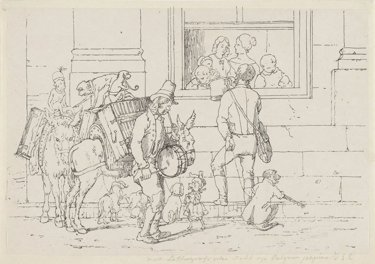Straatmuzikanten met apen by Jacobus Ludovicus Cornet, print, 1825-1882