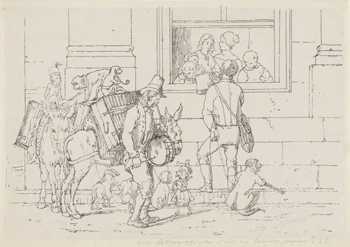 Straatmuzikanten met apen by Jacobus Ludovicus Cornet, print, 1825-1882