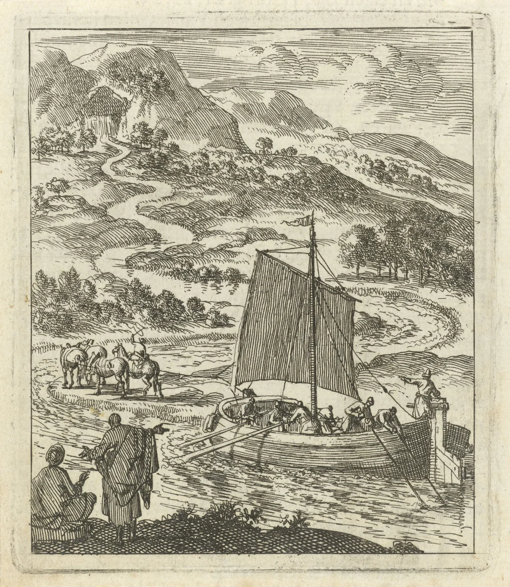 Rivierlandschap waarin een schuit door vier paarden wordt voortgetrokken by Jan Luyken, print, 1689