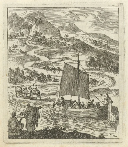 Rivierlandschap waarin een schuit door vier paarden wordt voortgetrokken by Jan Luyken, print, 1689