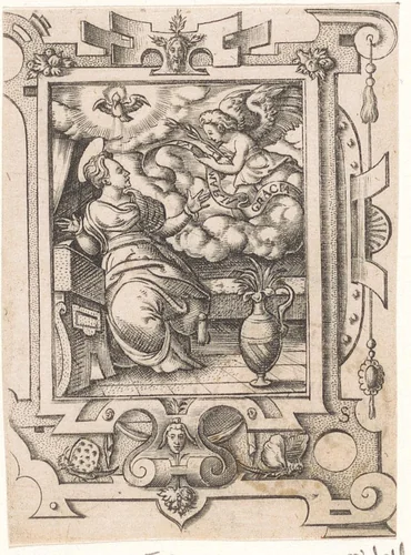 Annunciatie in een rolwerk omlijsting by Unknown, print, 1568