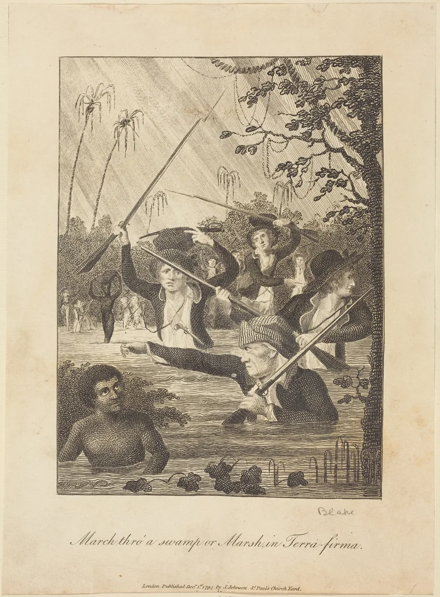 March thro' a swamp or Marsh in Terra-firma by William Blake; John Gabriel Stedman, print, 1793
