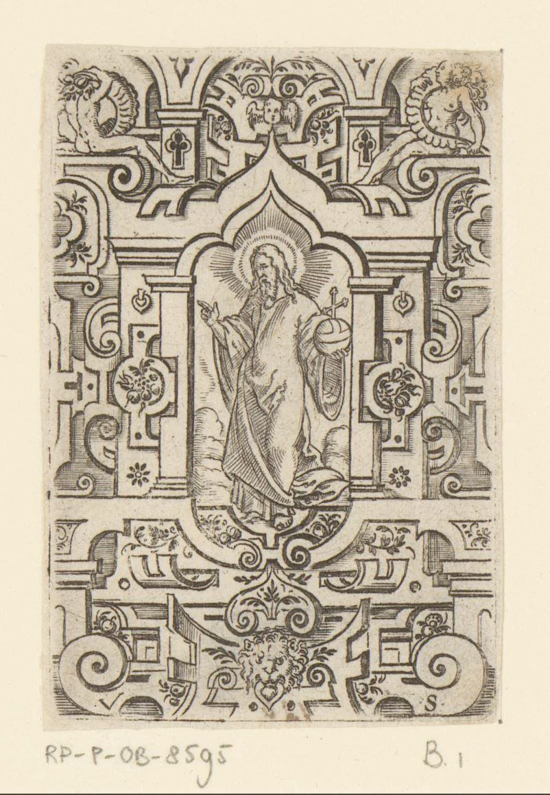 Christus als Salvator Mundi in rolwerk omlijsting by Unknown, print, 1524-1562