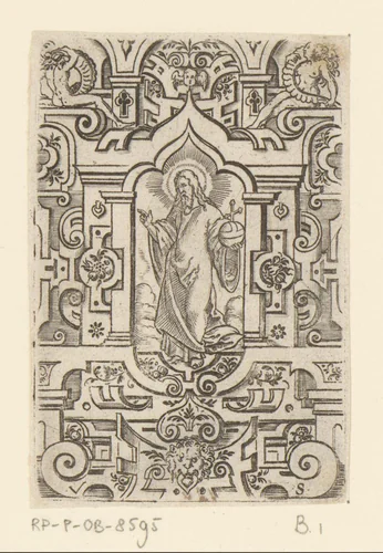 Christus als Salvator Mundi in rolwerk omlijsting by Unknown, print, 1524-1562