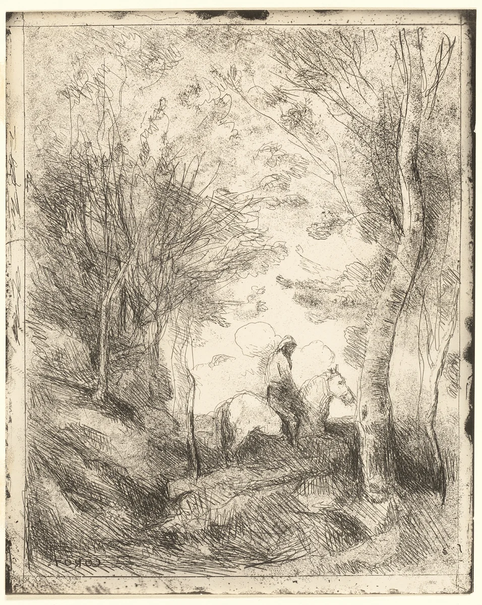 The Rider in the Woods, large plate by Jean-Baptiste-Camille Corot, print, 1849-1859