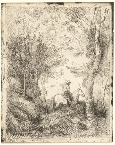 The Rider in the Woods, large plate by Jean-Baptiste-Camille Corot, print, 1849-1859