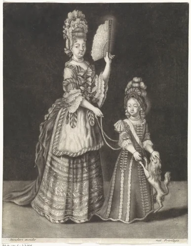 Vrouw met fontangekapsel en meisje aan tuigje by anonymous, print, 1695-1701