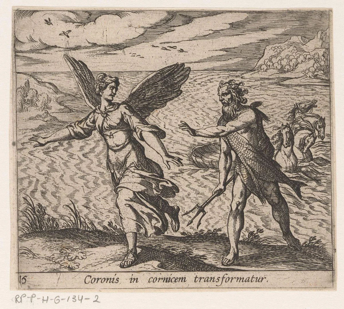 Coronis in een kraai veranderd by Antonio Tempesta, print, 1606-1638