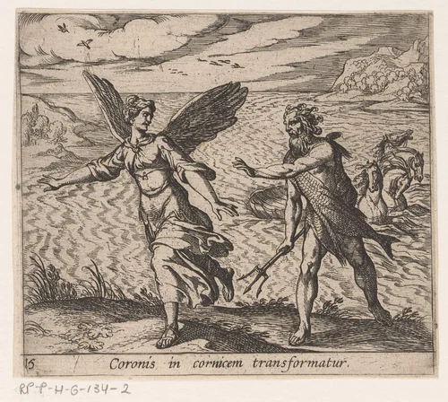 Coronis in een kraai veranderd by Antonio Tempesta, print, 1606-1638