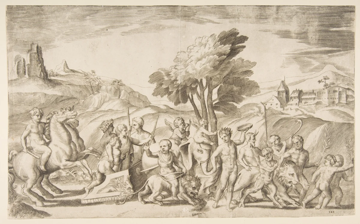 A children's bacchanal with animals by Giulio Bonasone, print, 1531-1576
