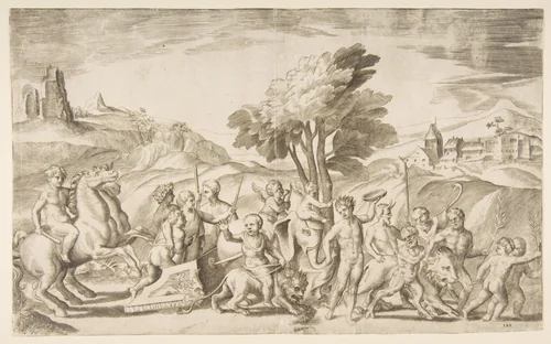 A children's bacchanal with animals by Giulio Bonasone, print, 1531-1576