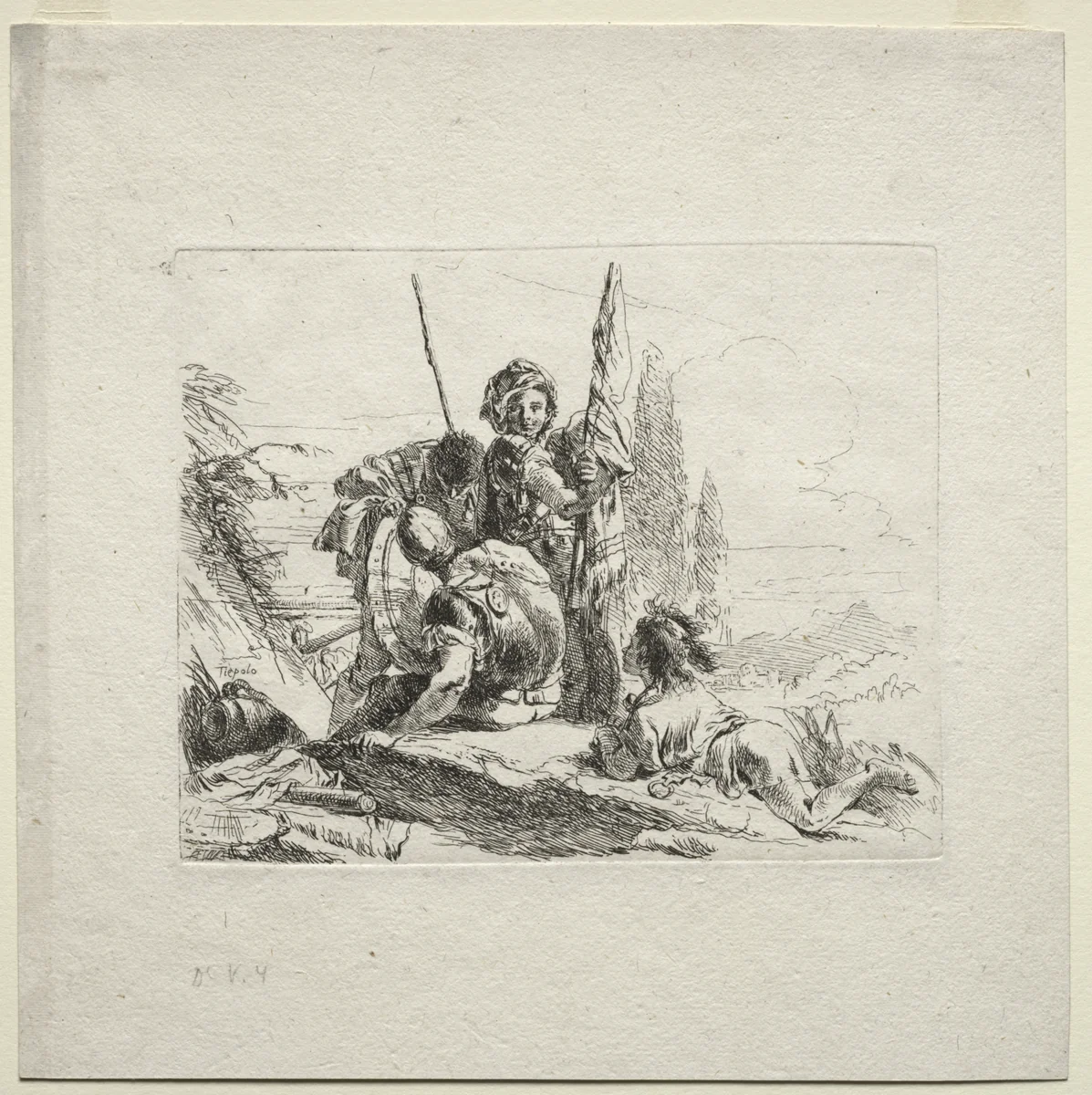 Various Caprices: The Three Soldiers and the Boy by Giovanni Battista Tiepolo, print, 1730-1755