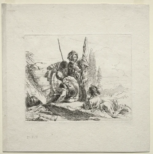 Various Caprices: The Three Soldiers and the Boy by Giovanni Battista Tiepolo, print, 1730-1755