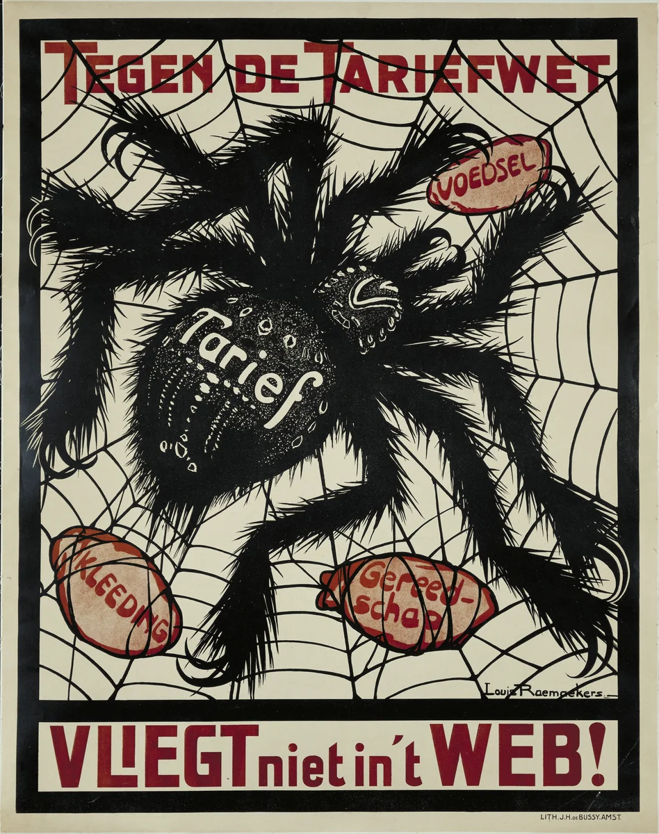 Tegen de Tariefwet, Vliegt niet in't Web! by Louis Raemaekers, design, 1913