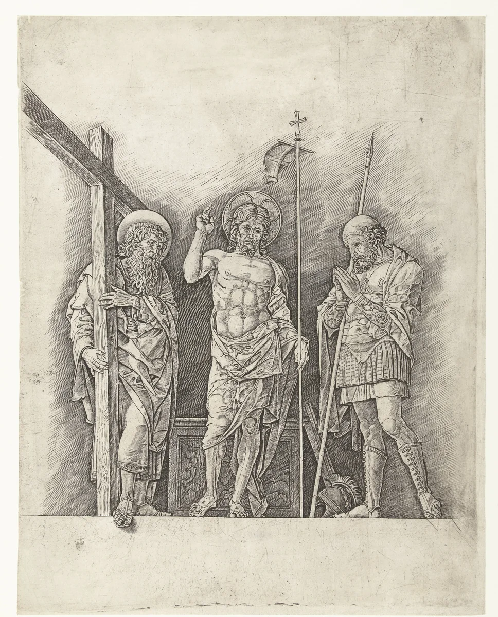 Herrezen Christus staand tussen heiligen Andreas en Longinus by Andrea Mantegna, print, 1470-1474