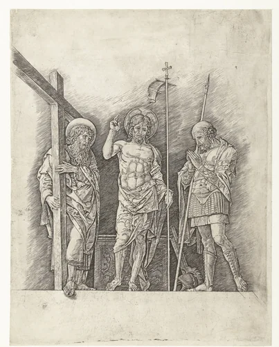 Herrezen Christus staand tussen heiligen Andreas en Longinus by Andrea Mantegna, print, 1470-1474