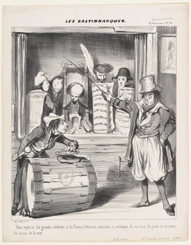 Here you see the great celebrities of literary, musical, and artistic France; they are thirty-six feet tall measured below sea level (Vous voyez ici les grandez célébrités), from Les Saltimbanques, published in La Caricature, April 28, 1839 by Honoré Daumier, print, 1839