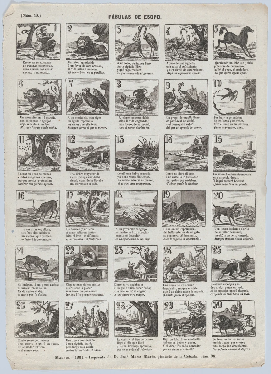 Broadside with 30 scenes depicting Aesops fables by José María Marés, print, 1861