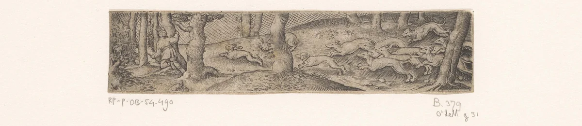 Hazenjacht met links een jager by Unknown, print, 1524-1562