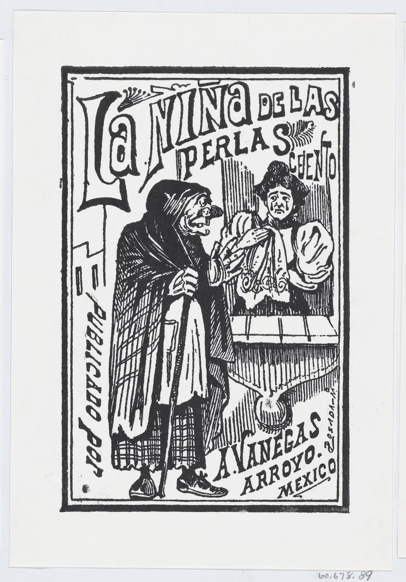 A woman crying with a handkerchief in her hand talking to an old hag, illustration for 'La Niña de las Perlas, published by Antonio Vanegas Arroyo by José Guadalupe Posada, print, 1875-1885