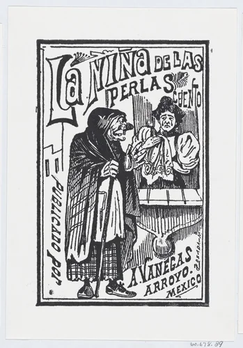 A woman crying with a handkerchief in her hand talking to an old hag, illustration for 'La Niña de las Perlas, published by Antonio Vanegas Arroyo by José Guadalupe Posada, print, 1875-1885
